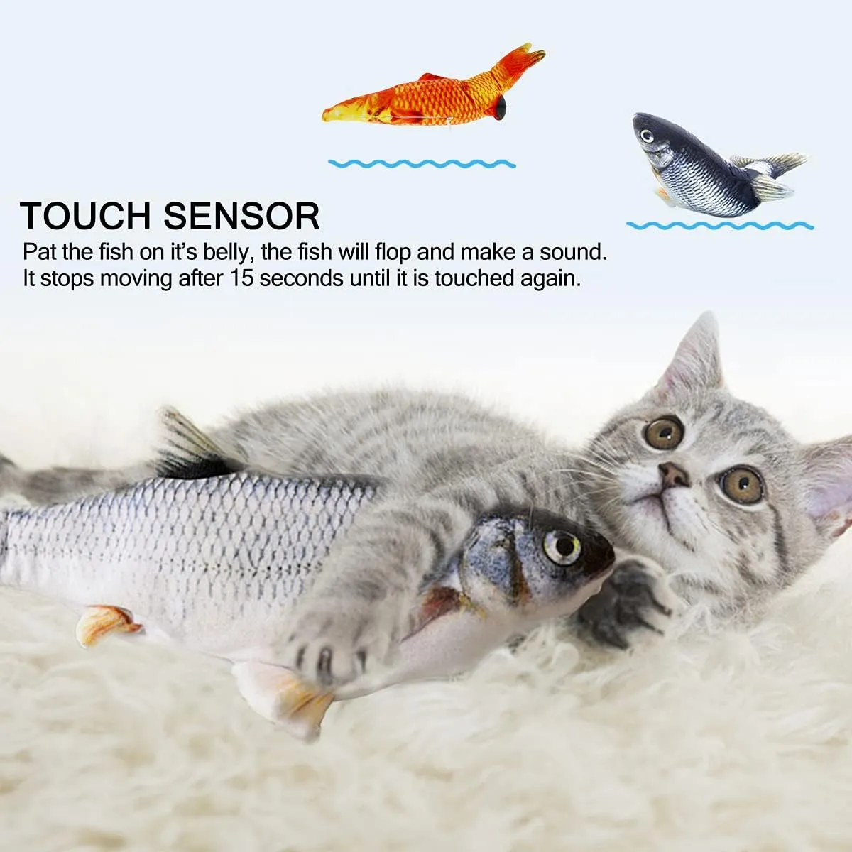 Tocirelo Cat Toys Interactive Flopping Fish with Catnip, 2Pack Interactive Cat Toys for Indoor Cats, 11" Electric Moving Kitten Kicker Toy, Automatic Floppy Fish Bored Kitty Enrichment Products