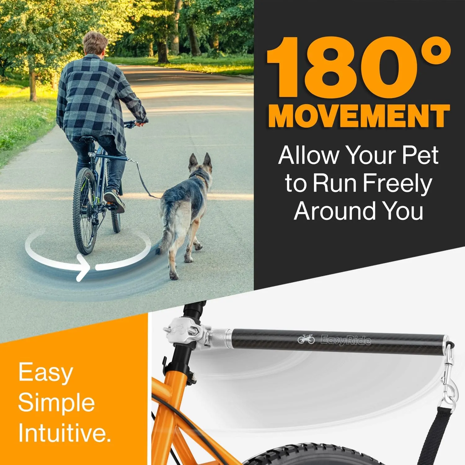 V2.0-180 Rotating Dog Bike Leash - with Shock Absorbers and Quick Attach Mechanism | Carbon Fiber | Detachable, Adjustable for The Smoothest Ride- Patent Pending (Black)