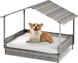 Wicker Dog House, Elevated Rattan Dog Bed with Canopy and Washable Cushion Cover, Indoor Outdoor Durable Raised Pet House for Small Medium Dogs Cats, Gray