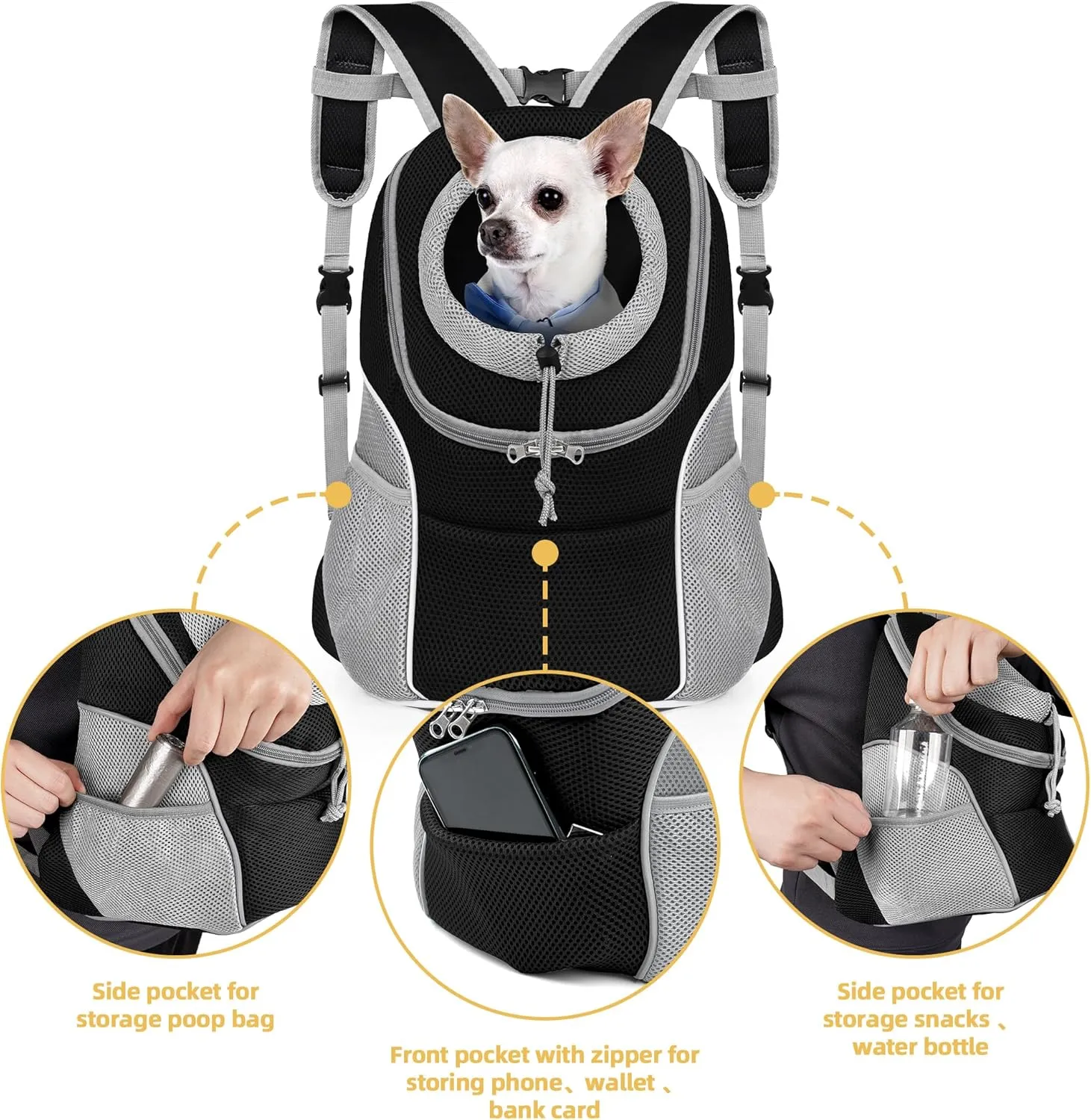 WOYYHO Pet Dog Carrier Backpack with Storage Pockets Small Dog Front Backpack Adjustable Straps Dog Backpack Breathable Dog Front Carrier with Safety Belt for Travel Hiking Cycling Outdoor Use